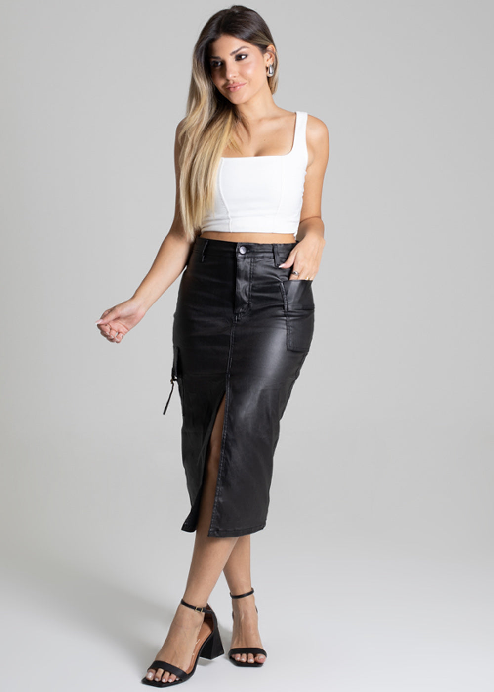 Saia Midi Resinada Sawary - 277126 PRETO