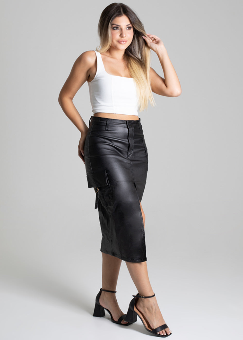 Saia Midi Resinada Sawary - 277126 PRETO