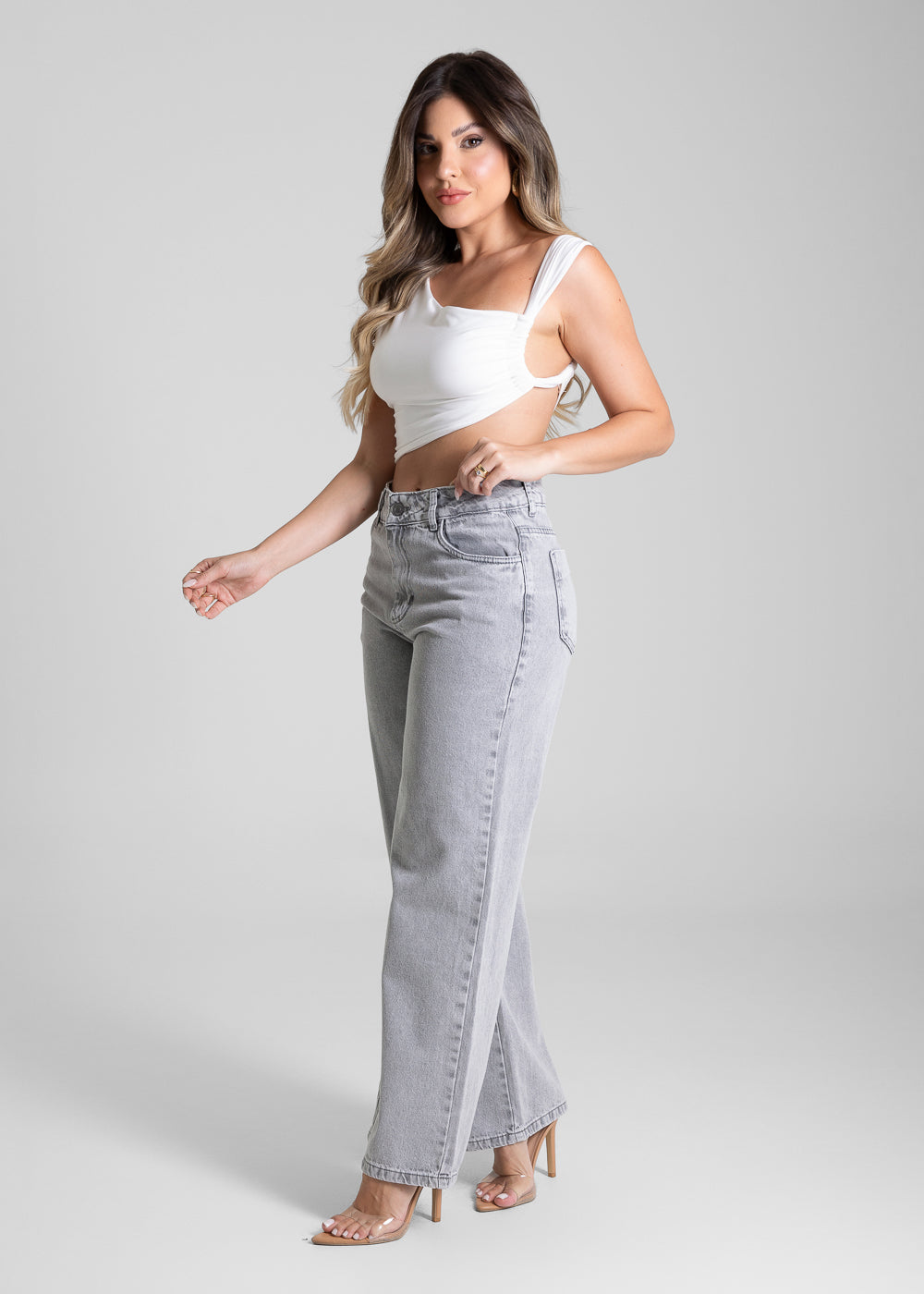 Calça Jeans Sawary Wide Leg Petit - 281719 CINZA