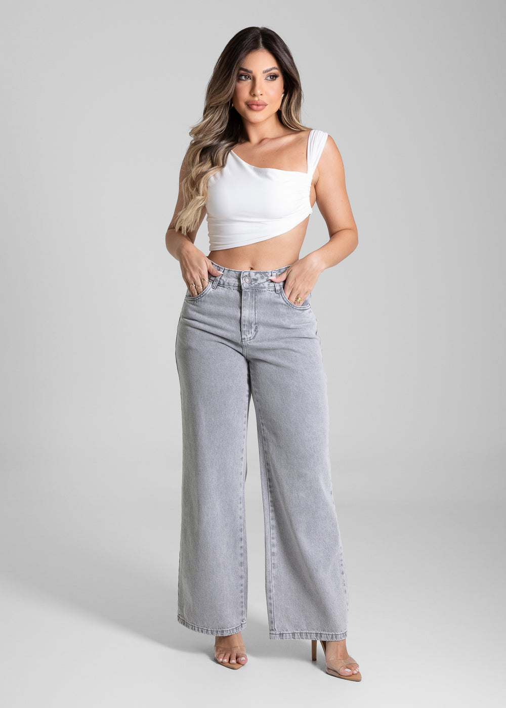 Calça Jeans Sawary Wide Leg Petit - 281719 CINZA