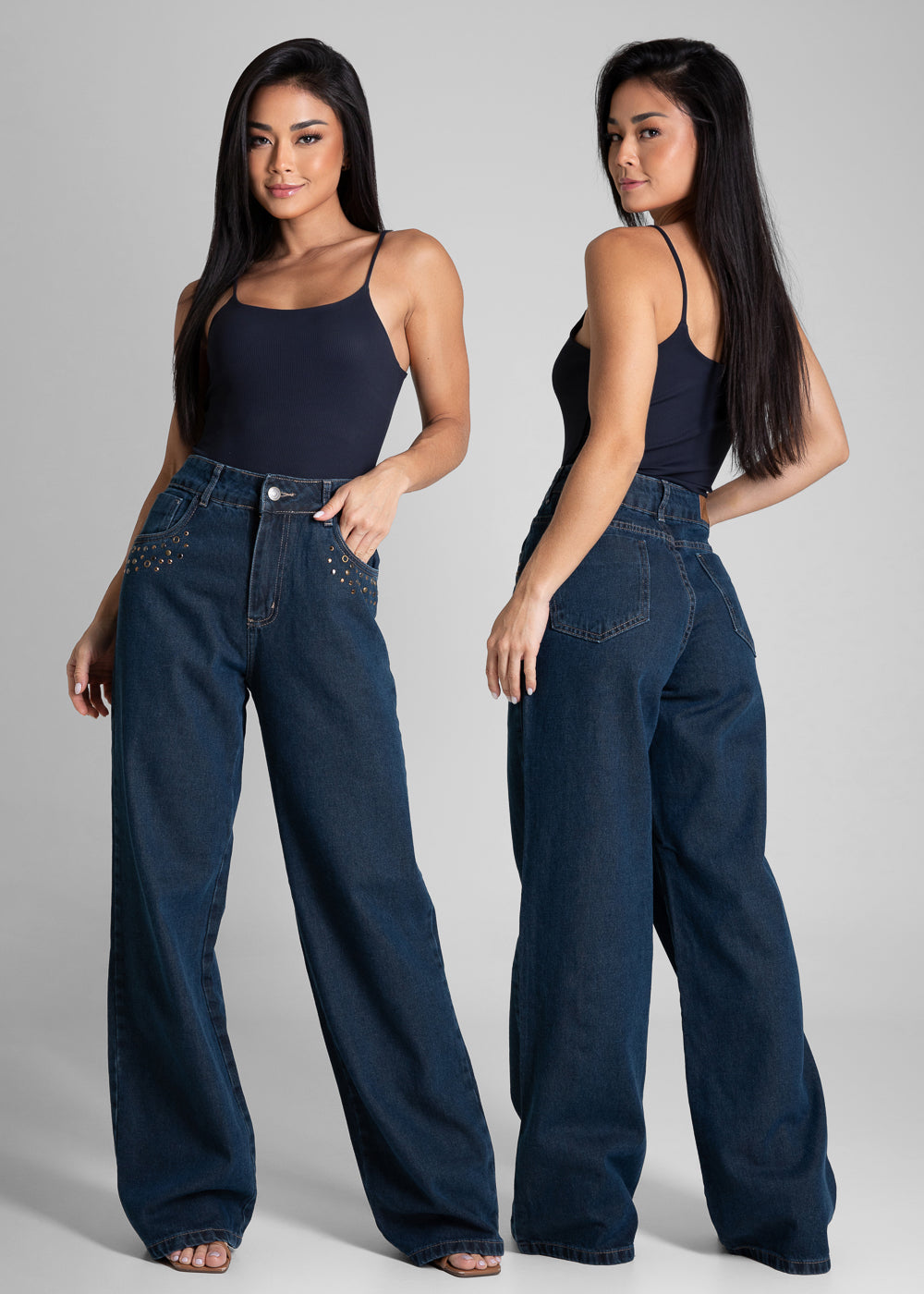Calça Jeans Sawary Wide Leg Petit Strass - 282397 AZUL
