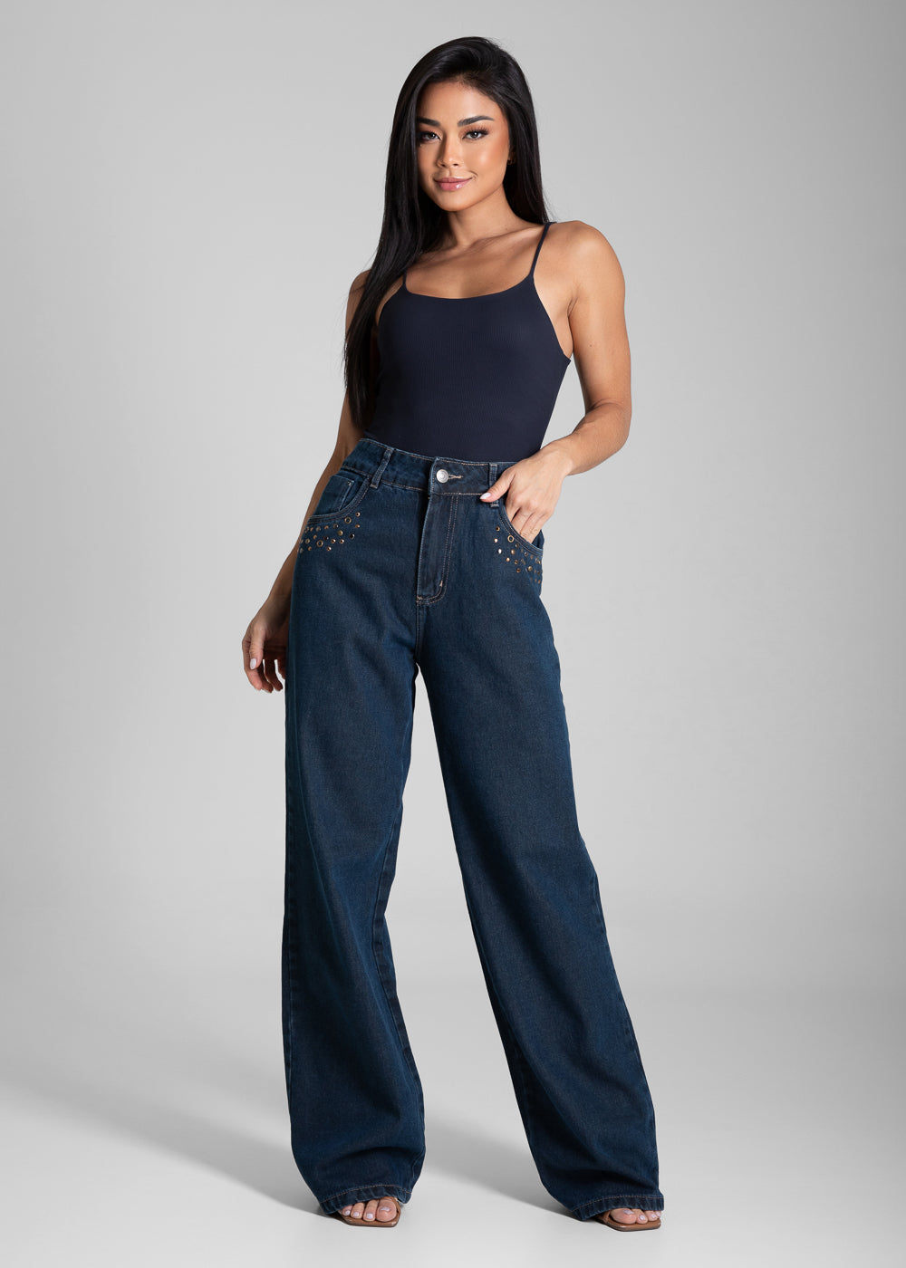 Calça Jeans Sawary Wide Leg Petit Strass - 282397 AZUL