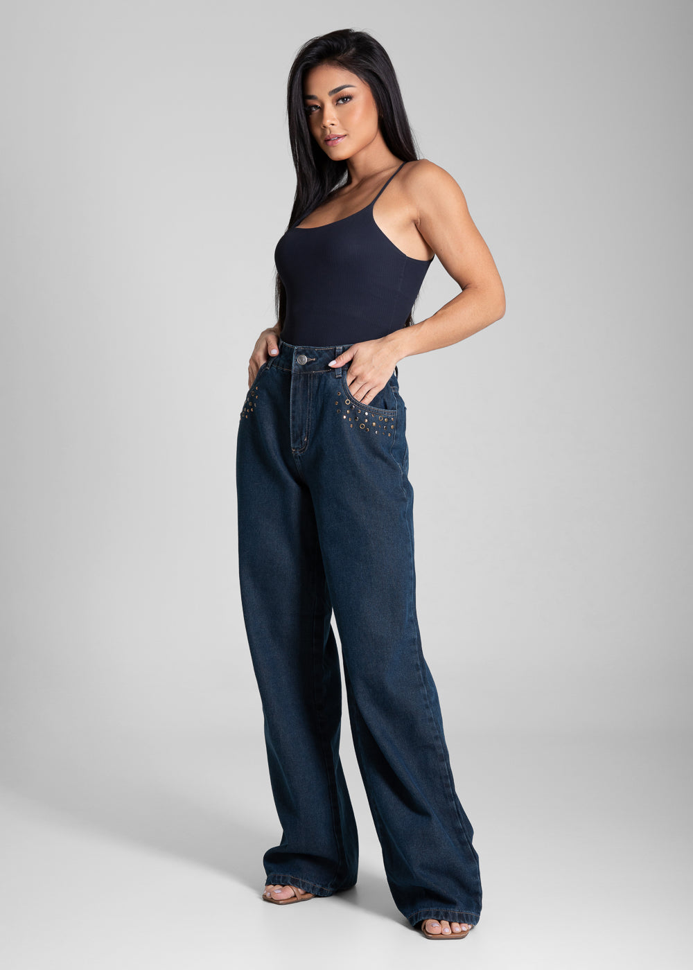 Calça Jeans Sawary Wide Leg Petit Strass - 282397 AZUL
