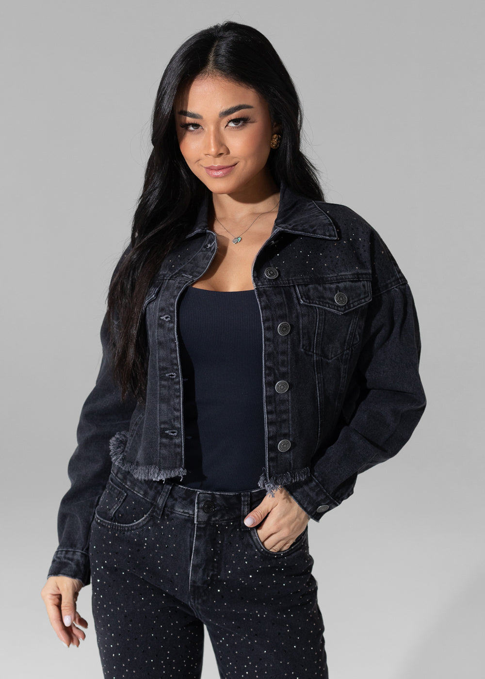 Jaqueta Jeans Sawary Brilho - 282603 PRETO
