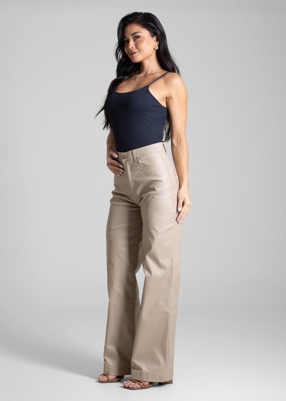 Calça Resinada Sawary Wide Leg -282687 BEGE