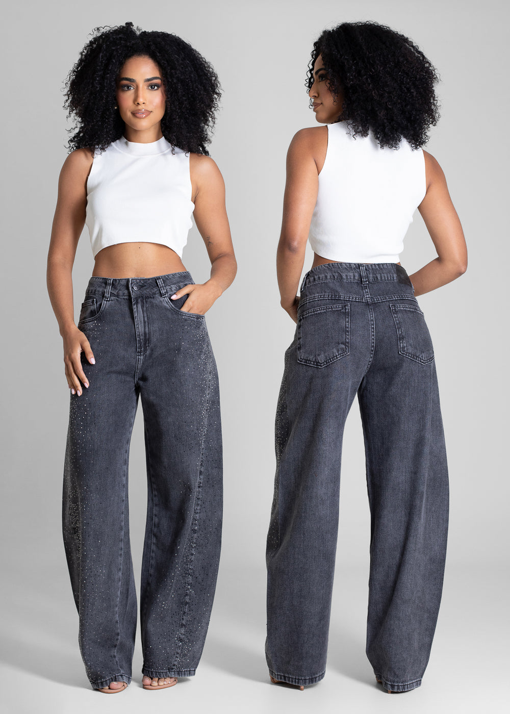 Calça Jeans Sawary Barrel Brilho - 282883 PRETO