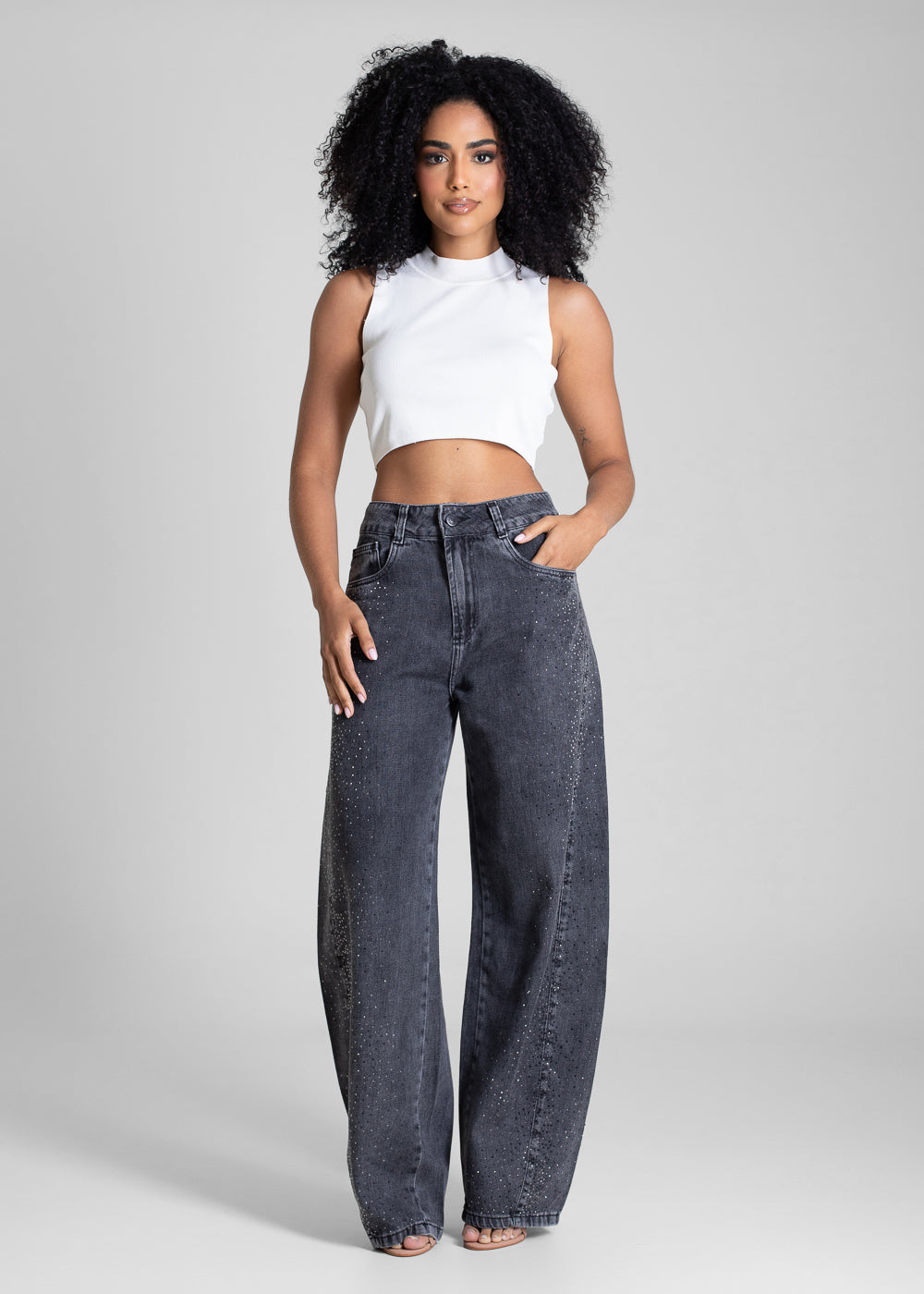 Calça Jeans Sawary Barrel Brilho - 282883 PRETO