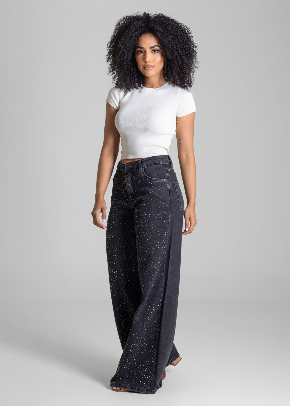 Calça Jeans Sawary Wide Leg Brilho - 282963 PRETO