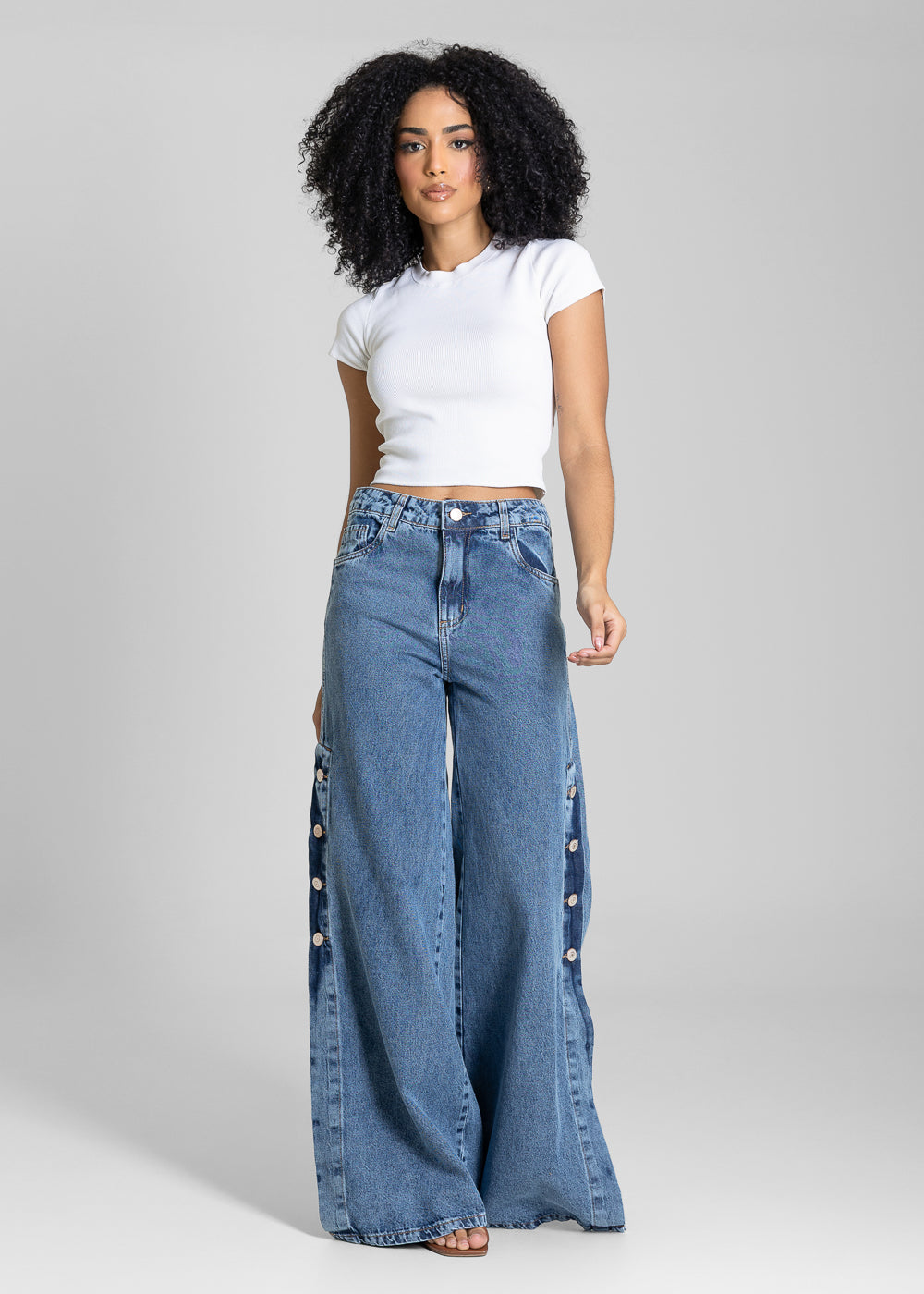 Calça Jeans Sawary Super Wide Leg Botões Laterais - 283026 AZUL