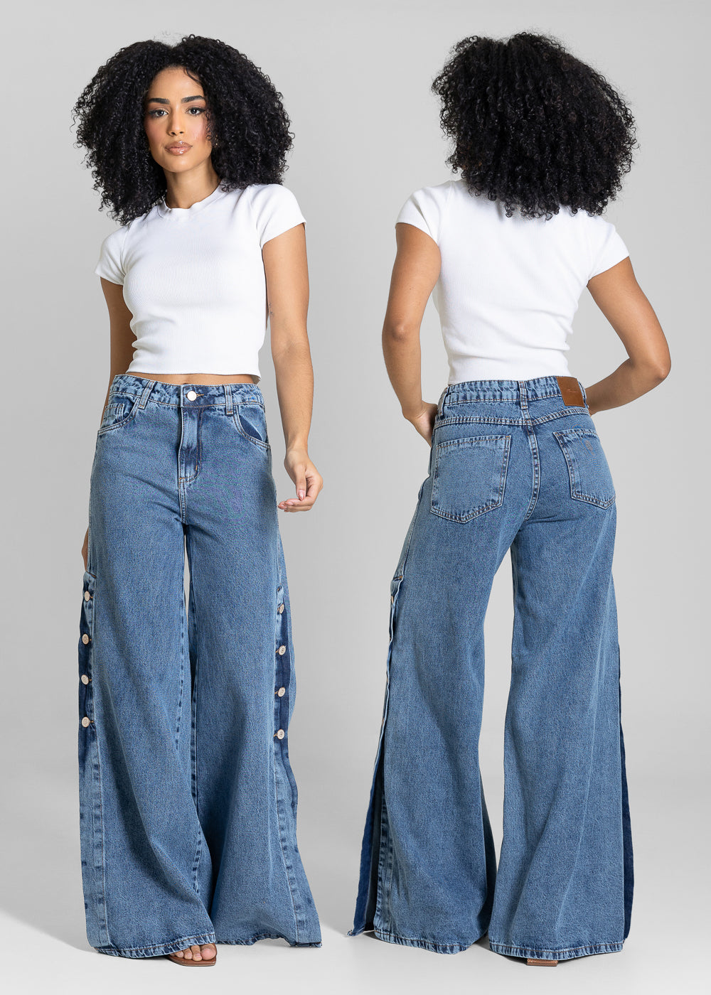 Calça Jeans Sawary Super Wide Leg Botões Laterais - 283026 AZUL