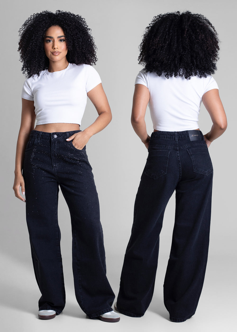 Calça Jeans Sawary Super Wide Leg Brilho - 283043 PRETO