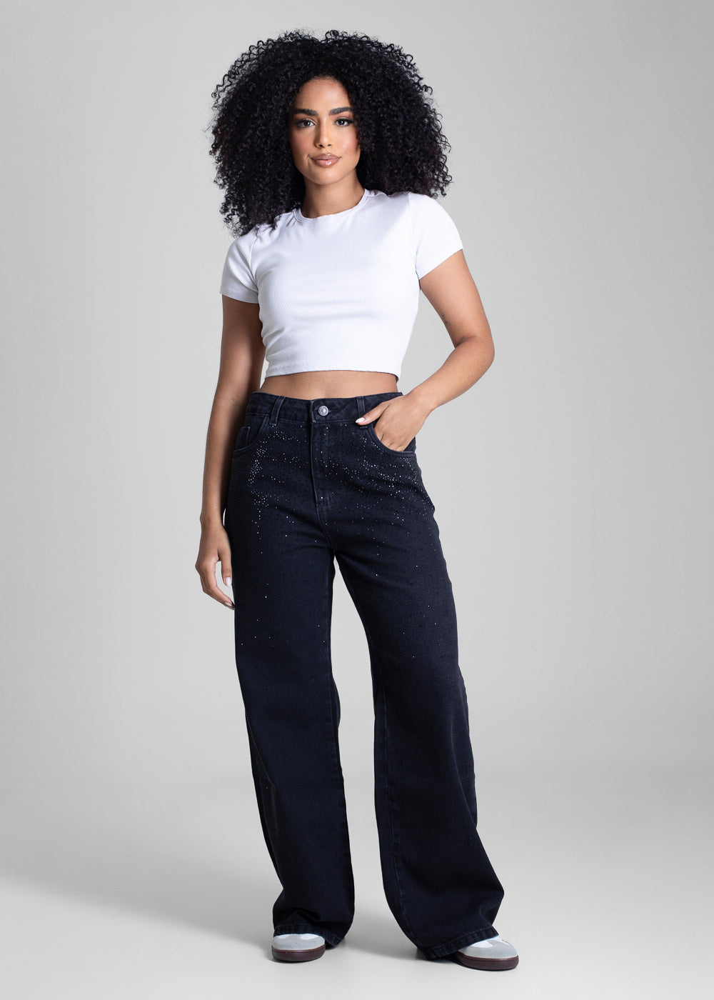 Calça Jeans Sawary Super Wide Leg Brilho - 283043 PRETO