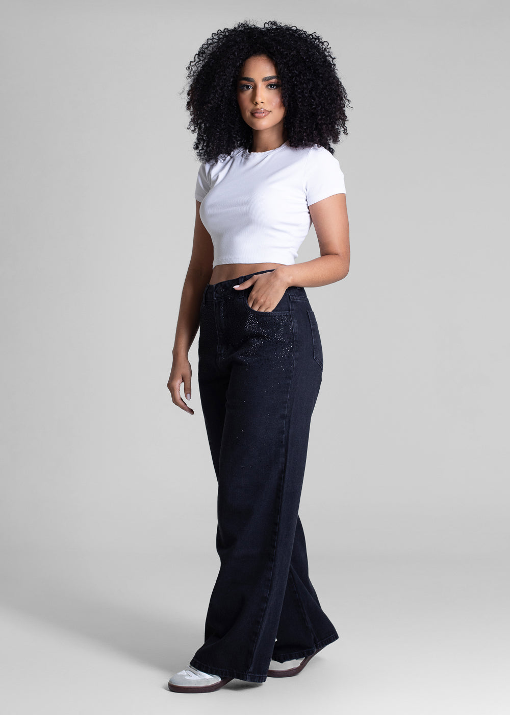 Calça Jeans Sawary Super Wide Leg Brilho - 283043 PRETO