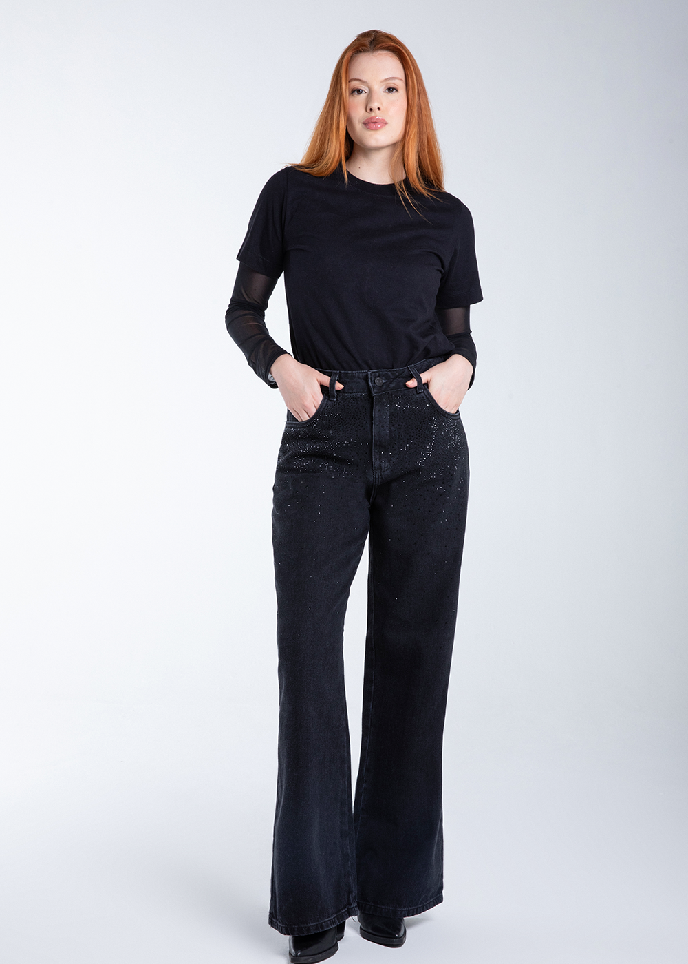 Calça Jeans Sawary Super Wide Leg Brilho - 283043 PRETO