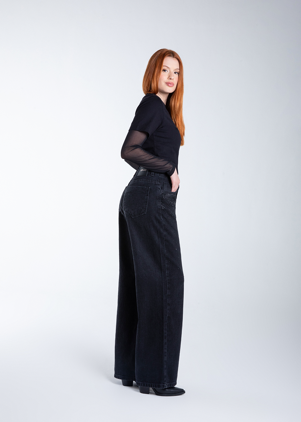 Calça Jeans Sawary Super Wide Leg Brilho - 283043 PRETO