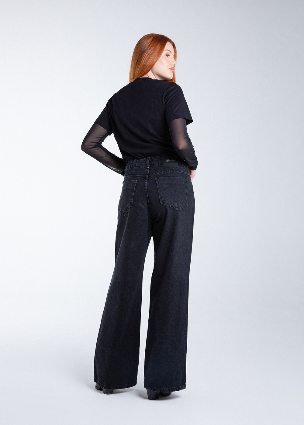 Calça Jeans Sawary Super Wide Leg Brilho - 283043 PRETO