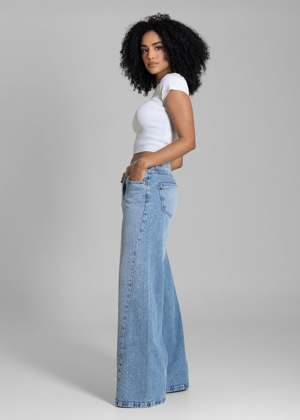 Calça Jeans Sawary Wide Leg Brilho - 283046 AZUL