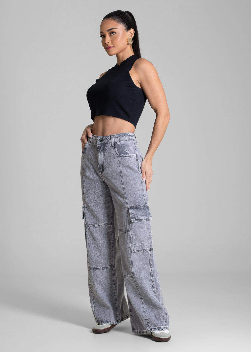 Calça Jeans Sawary Wide Leg Petit - 283134 CINZA