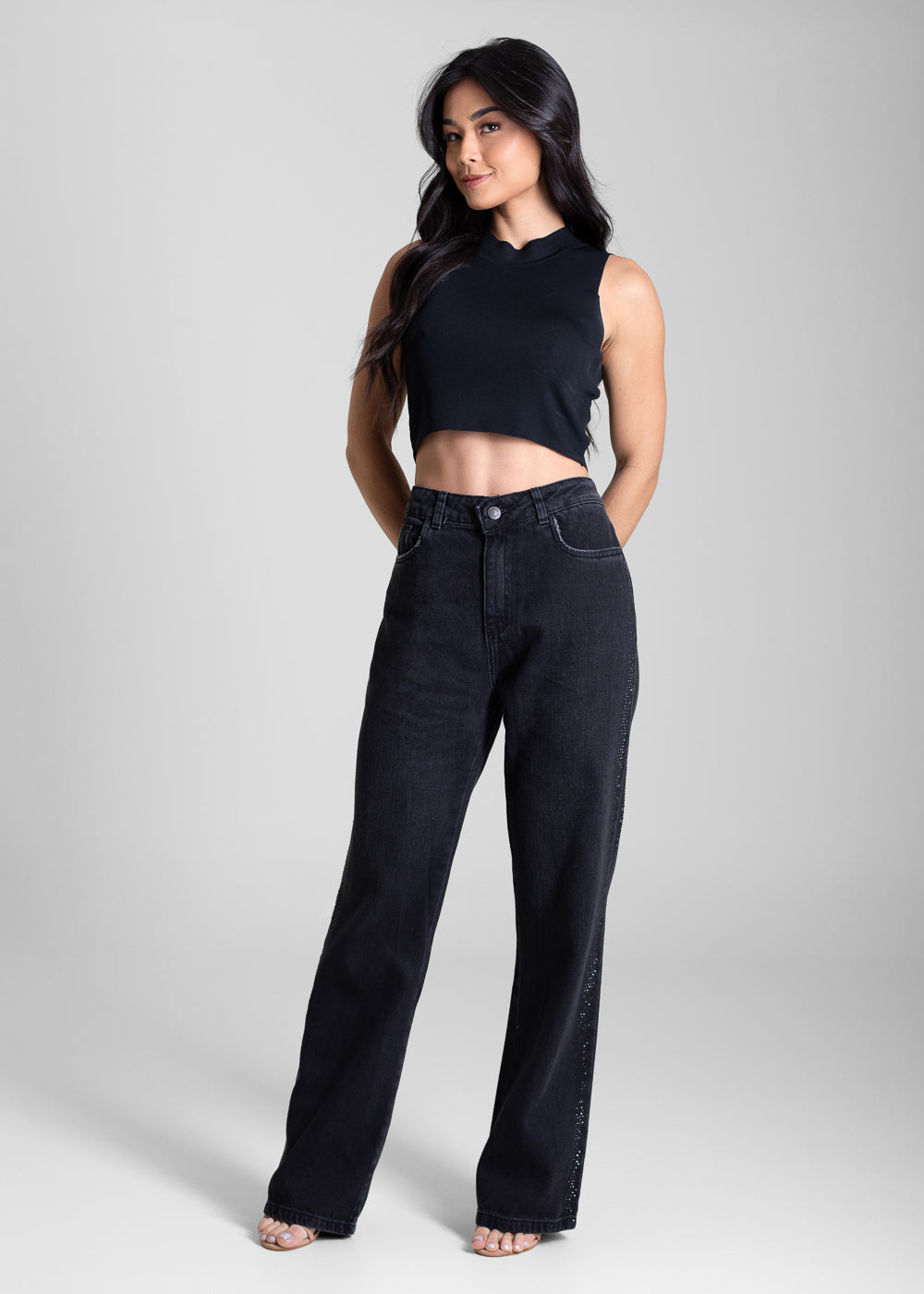 Calça Jeans Sawary Wide Leg Petit Brilho - 283284 PRETO