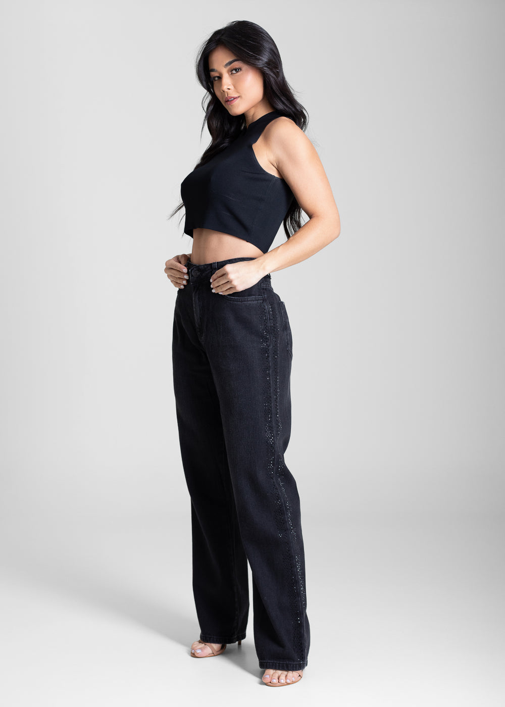 Calça Jeans Sawary Wide Leg Petit Brilho - 283284 PRETO