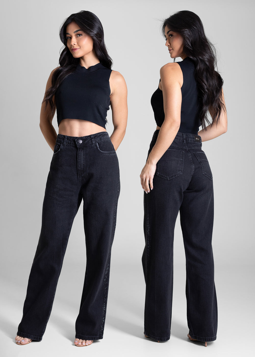 Calça Jeans Sawary Wide Leg Petit Brilho - 283284 PRETO