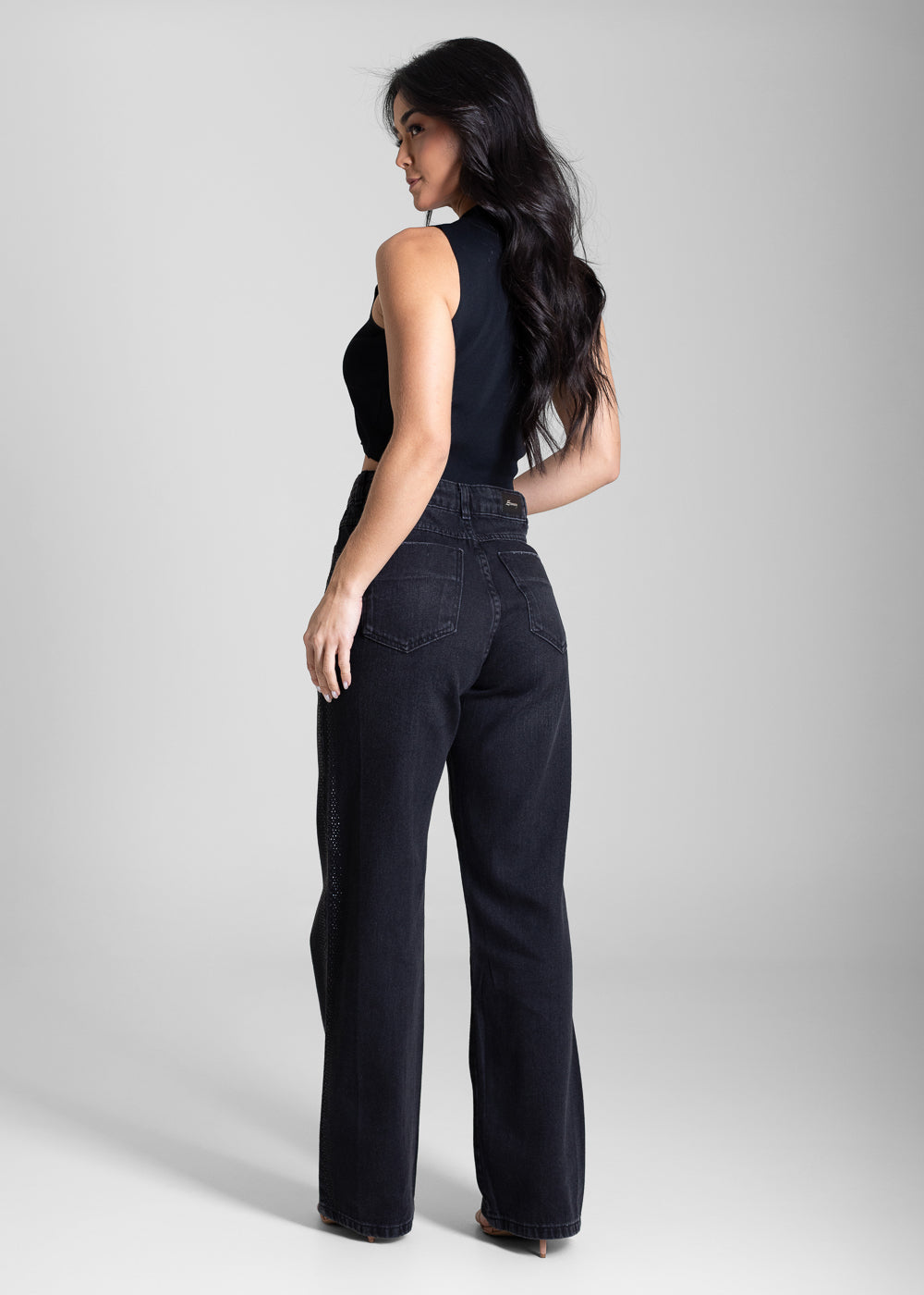 Calça Jeans Sawary Wide Leg Petit Brilho - 283284 PRETO