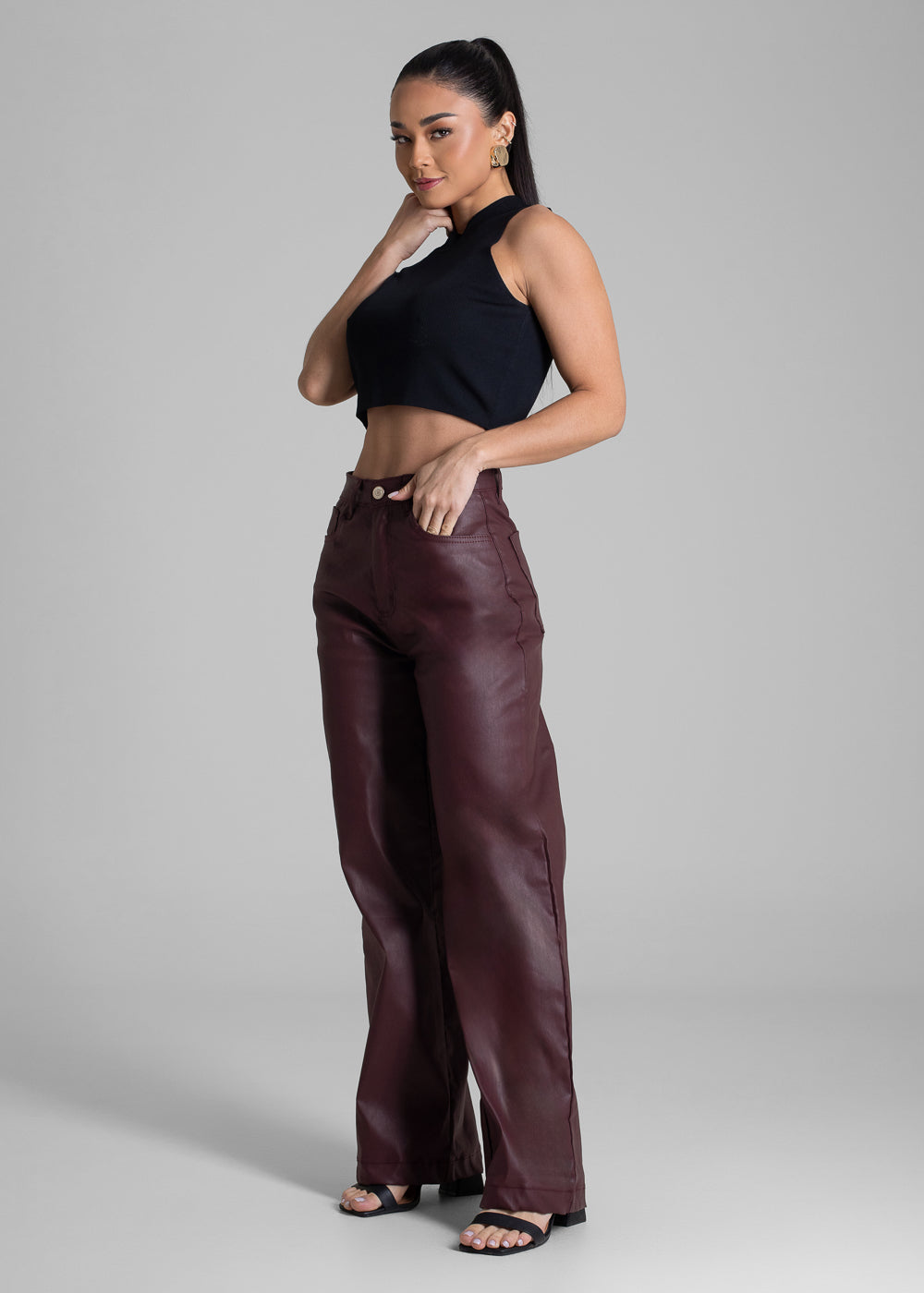 Calça Resinada Sawary Wide Leg Petit - 283291 VERMELHO ESCURO