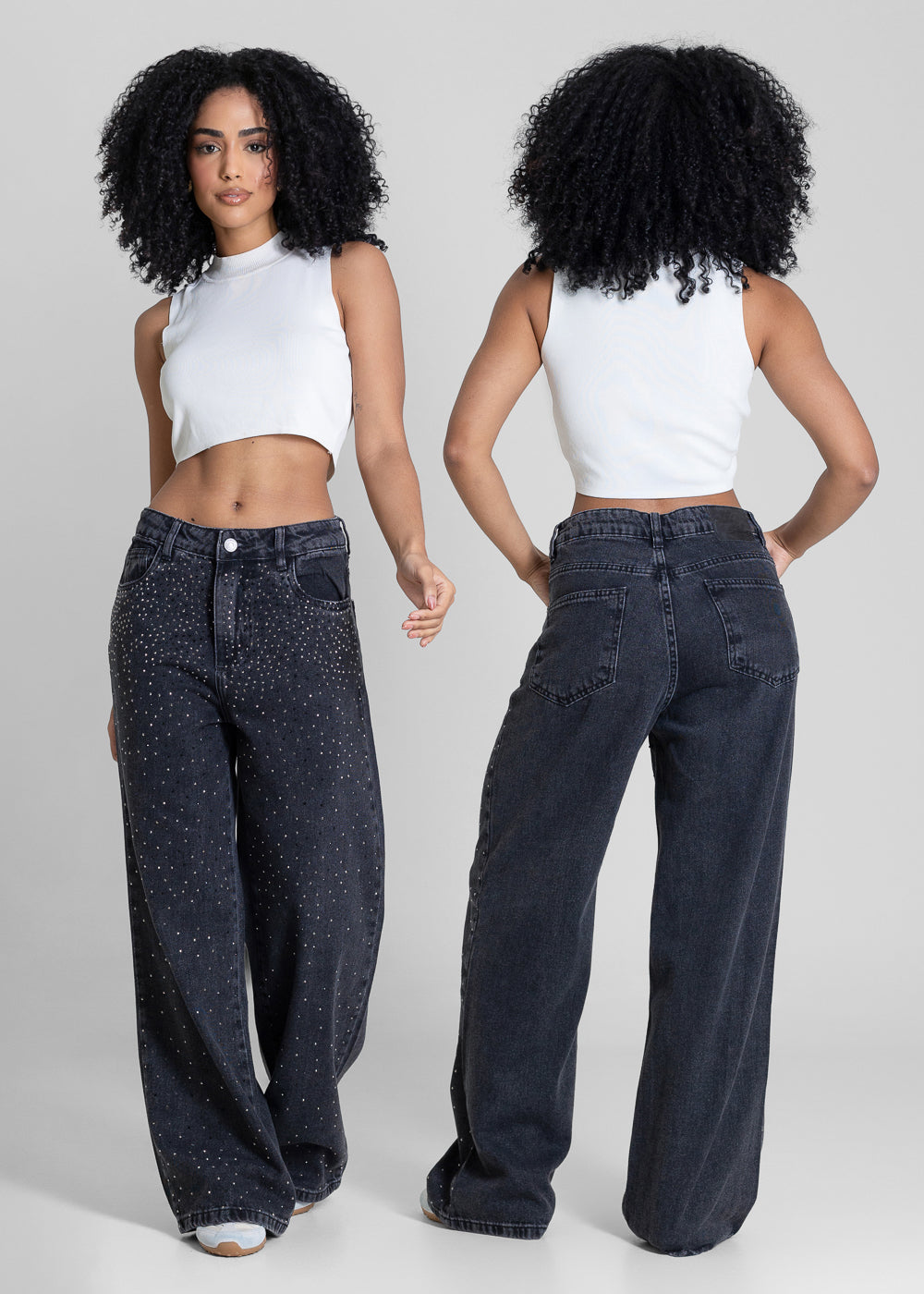 Calça Jeans Sawary Wide Leg Petit Brilho - 283313 PRETO
