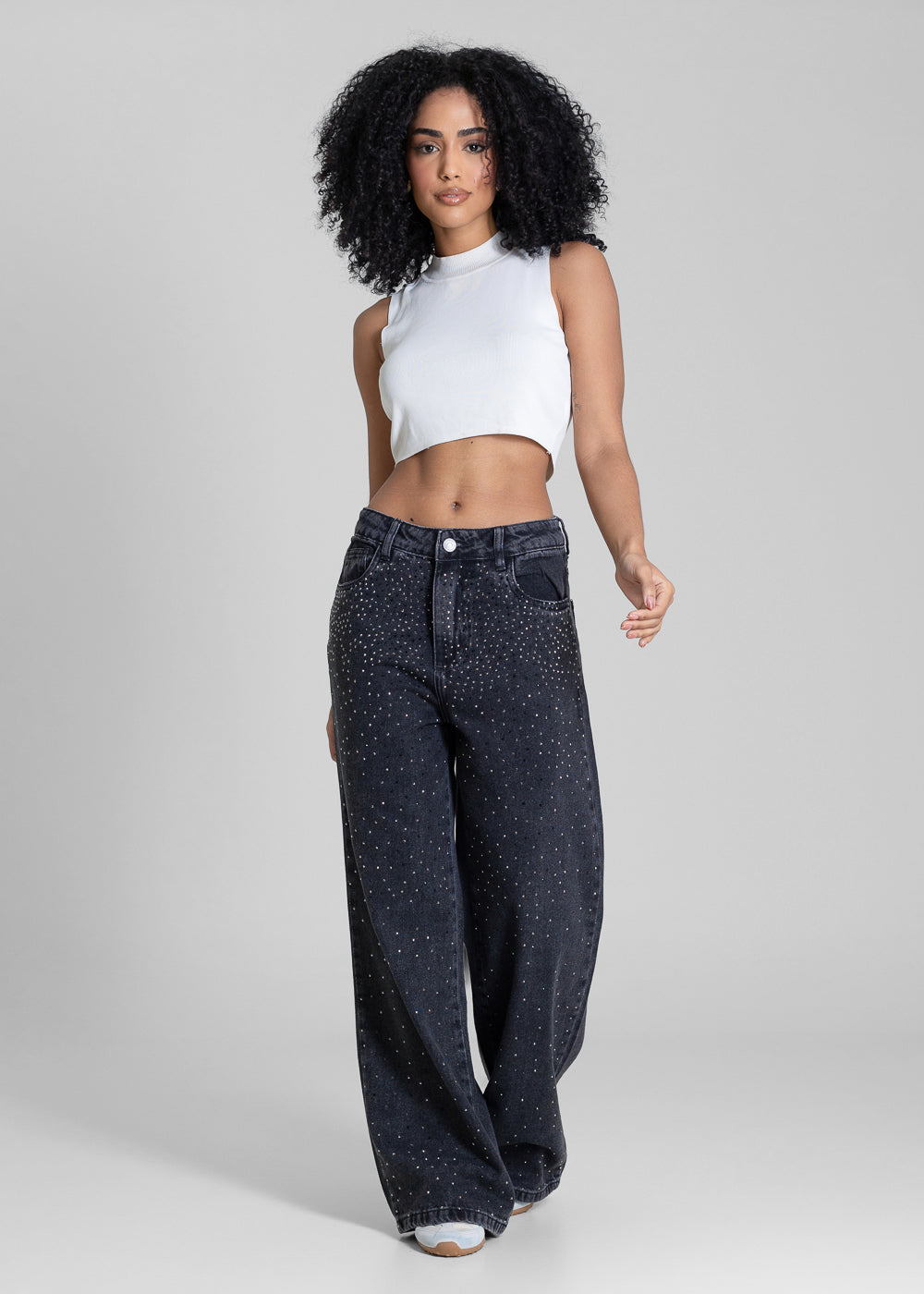 Calça Jeans Sawary Wide Leg Petit Brilho - 283313 PRETO