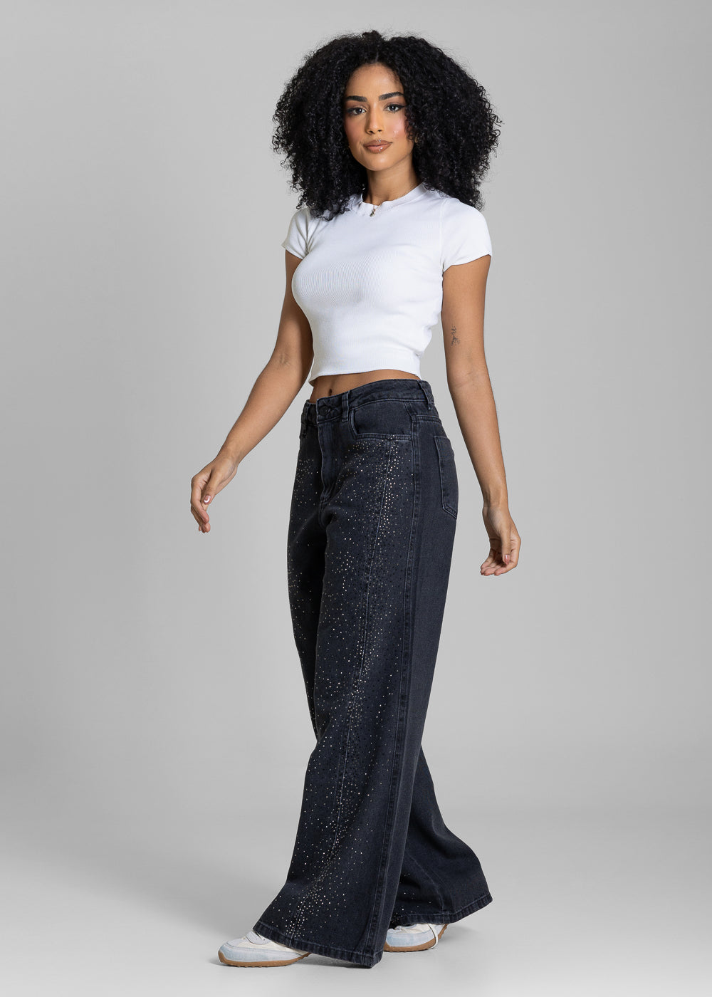 Calça Jeans Sawary Wide Leg Petit Brilho - 283317 PRETO