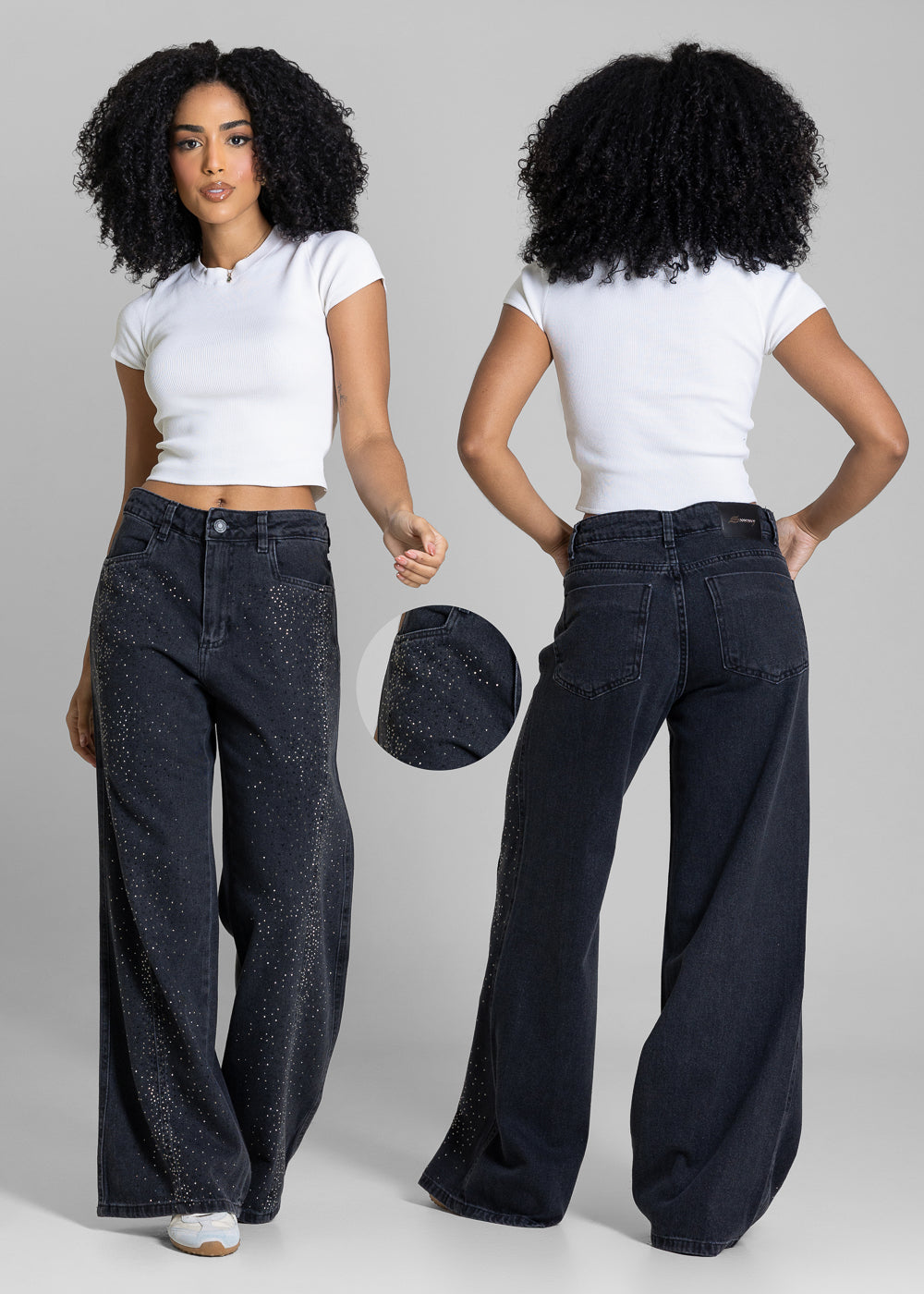 Calça Jeans Sawary Wide Leg Petit Brilho - 283317 PRETO