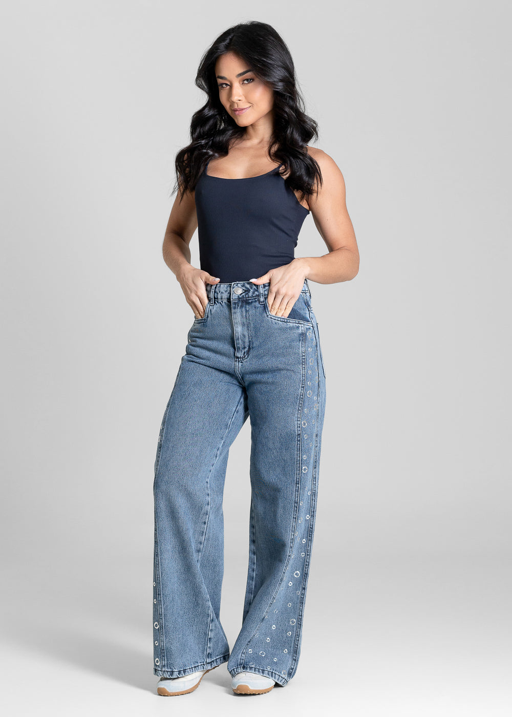 Calça Jeans Sawary Wide Leg Petit Ilhós - 283319 PRETO