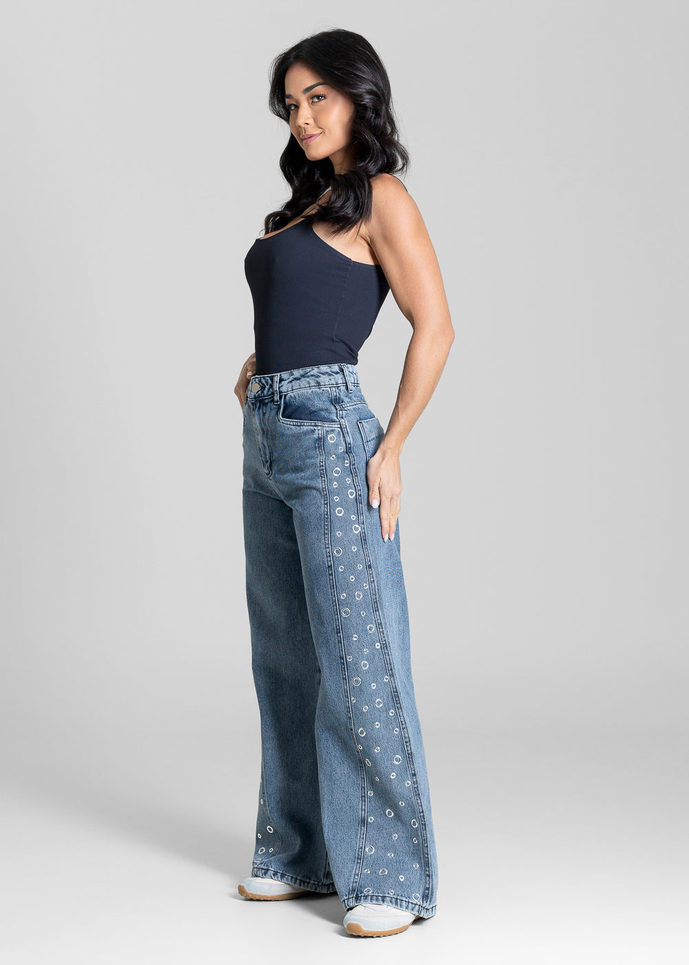 Calça Jeans Sawary Wide Leg Petit Ilhós - 283319 PRETO