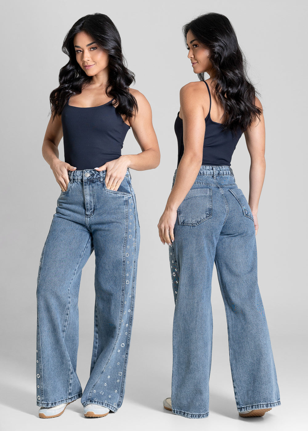 Calça Jeans Sawary Wide Leg Petit Ilhós - 283319 PRETO