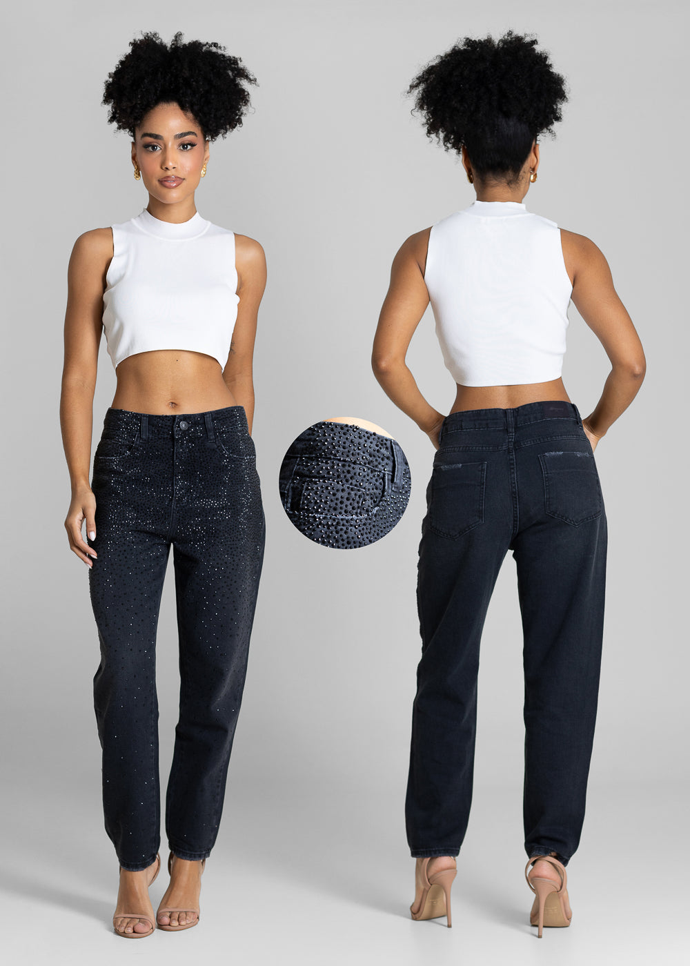 Calça Jeans Sawary Mom Brilho - 283329 PRETO