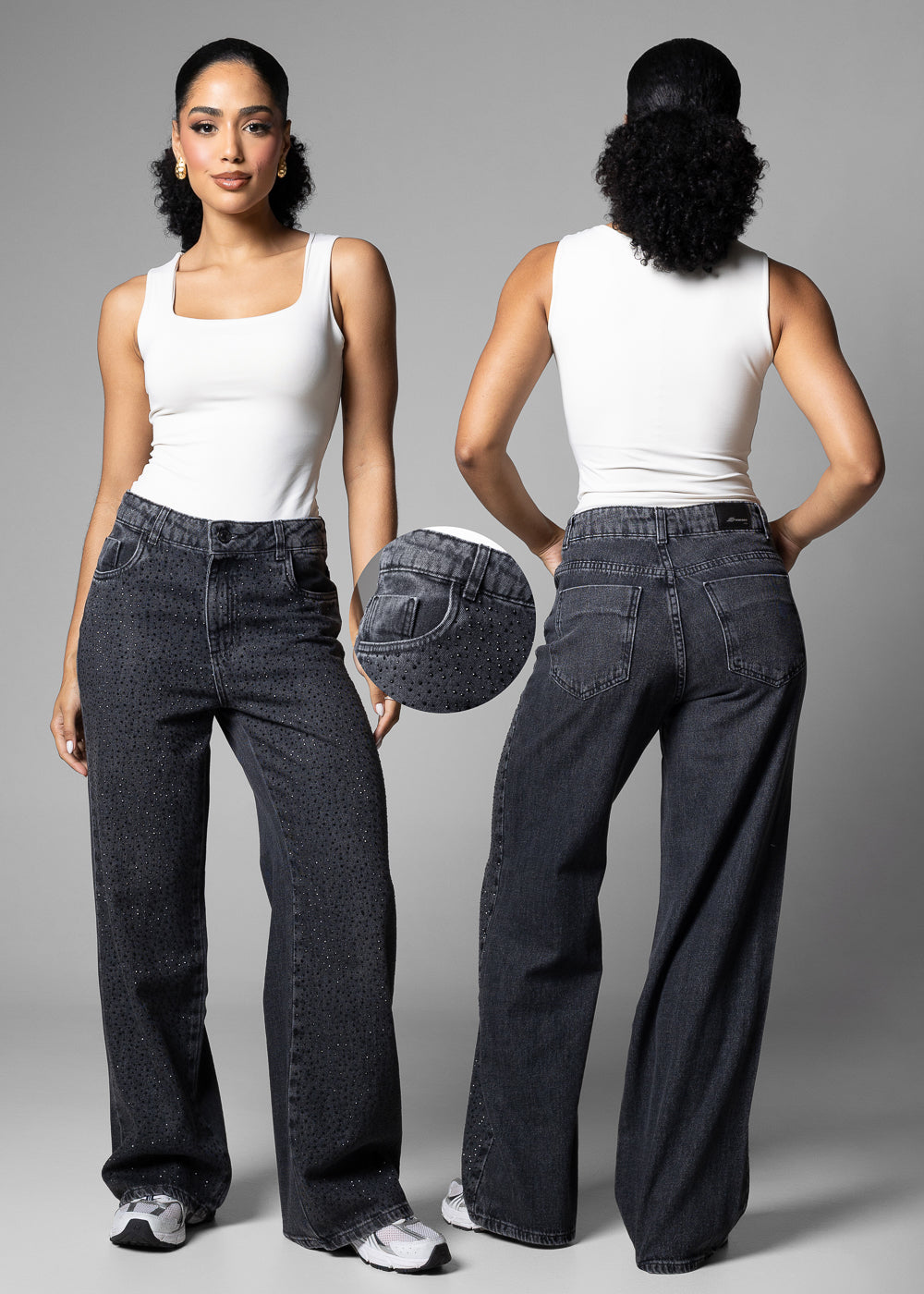 Calça Jeans Sawary Wide Leg Petit Brilho - 283339 PRETO