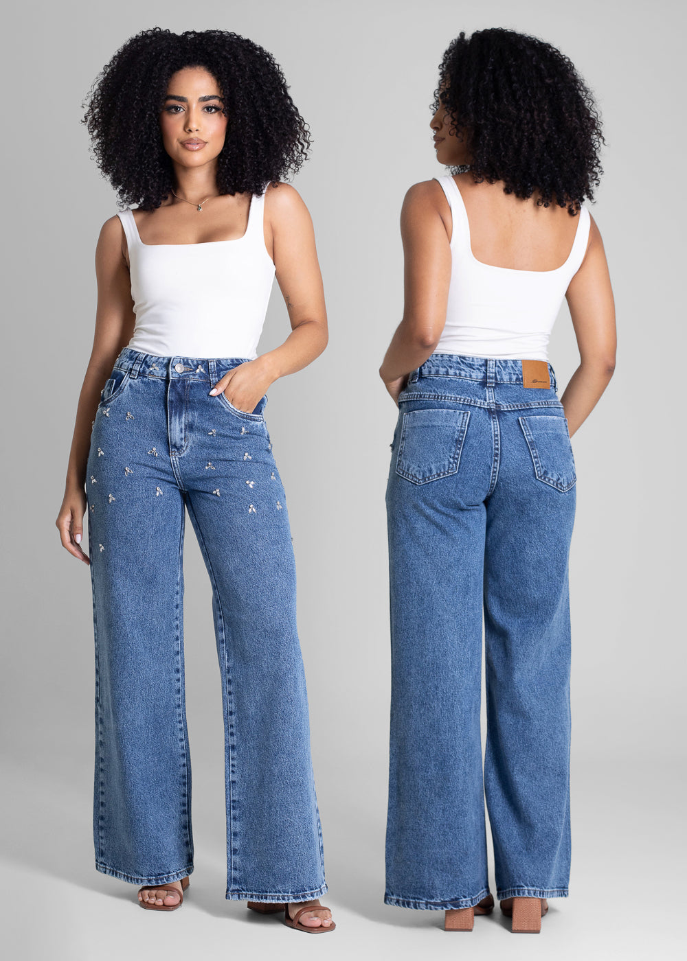 Calça Jeans Sawary Wide Leg Strass - 283415 AZUL