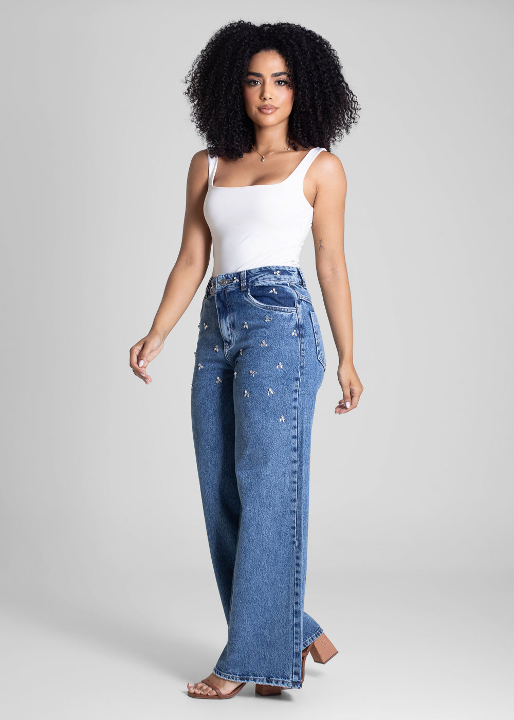 Calça Jeans Sawary Wide Leg Strass - 283415 AZUL