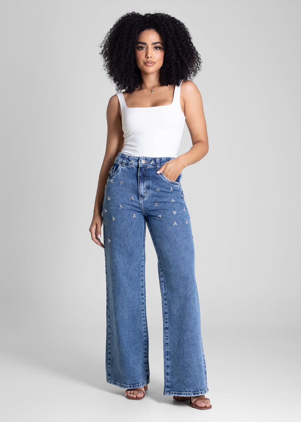 Calça Jeans Sawary Wide Leg Strass - 283415 AZUL