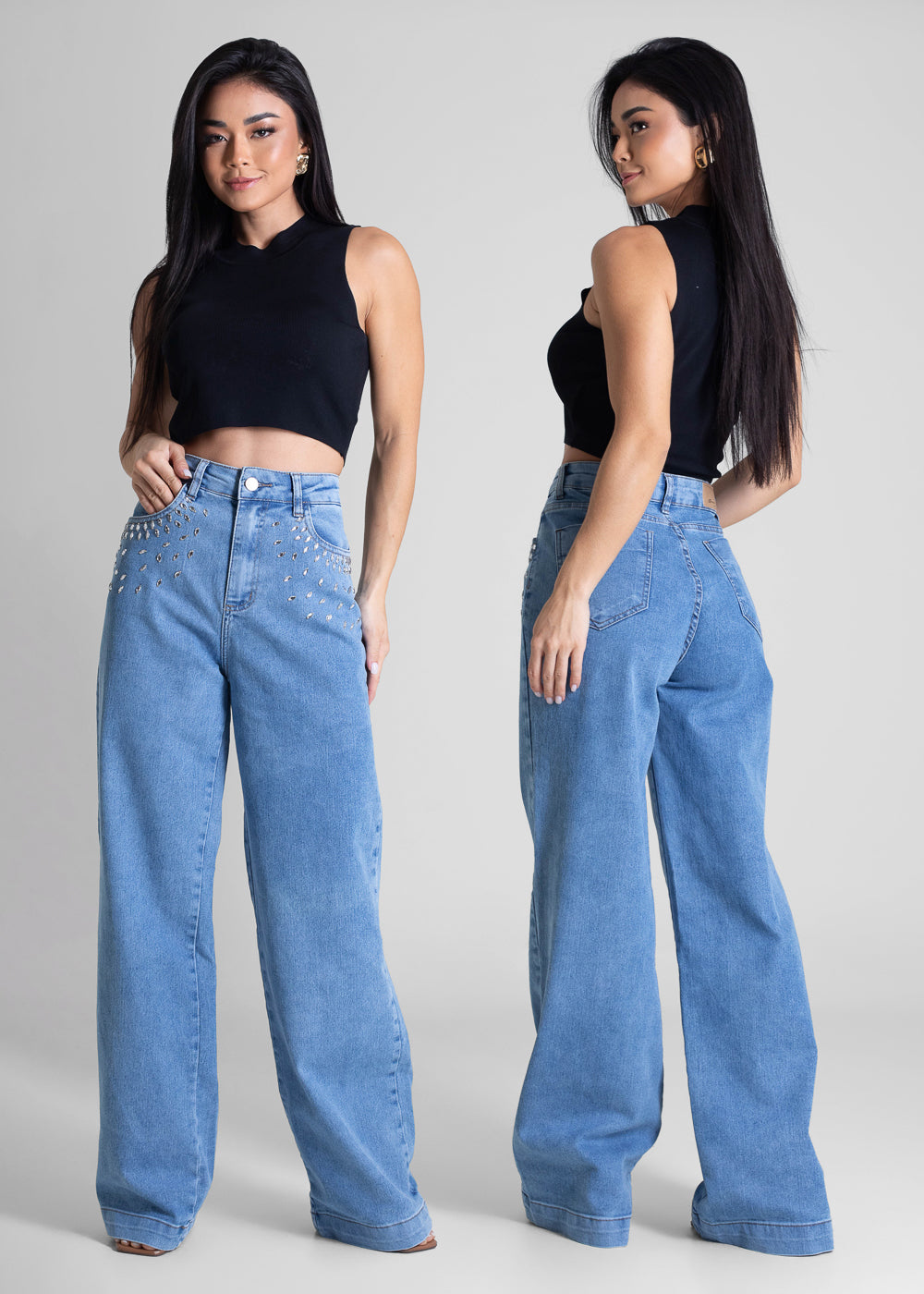 Calça Jeans Sawary Wide Leg Strass - 283416 AZUL