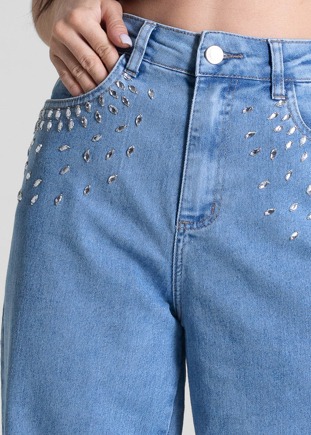 Calça Jeans Sawary Wide Leg Strass - 283416 AZUL