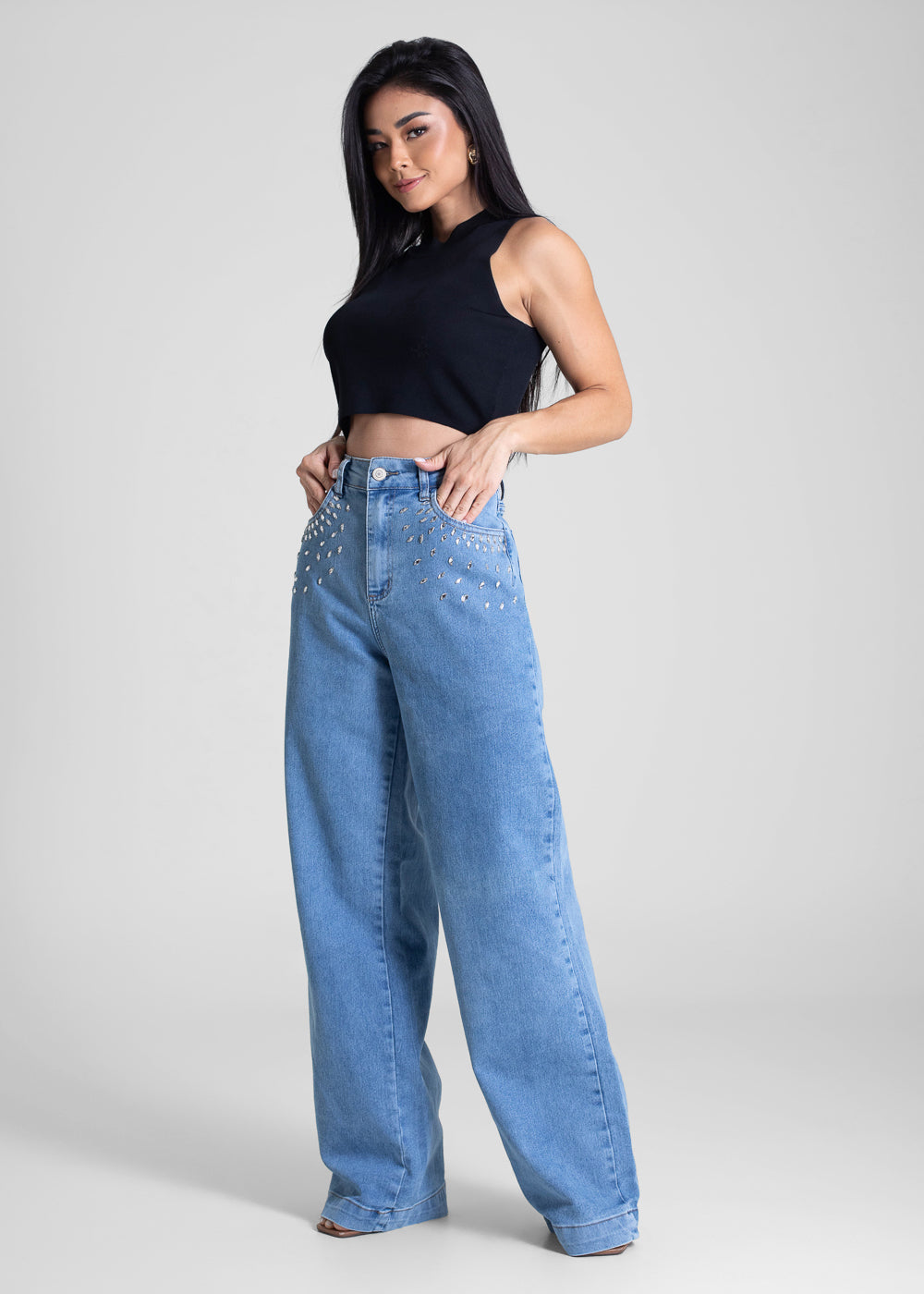 Calça Jeans Sawary Wide Leg Strass - 283416 AZUL