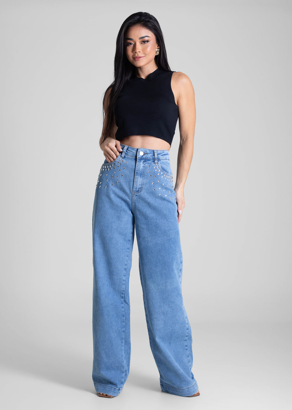 Calça Jeans Sawary Wide Leg Strass - 283416 AZUL
