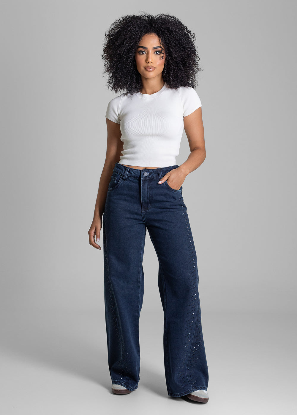 Calça Jeans Sawary Wide Leg Petit Brilho - 283430 PRETO
