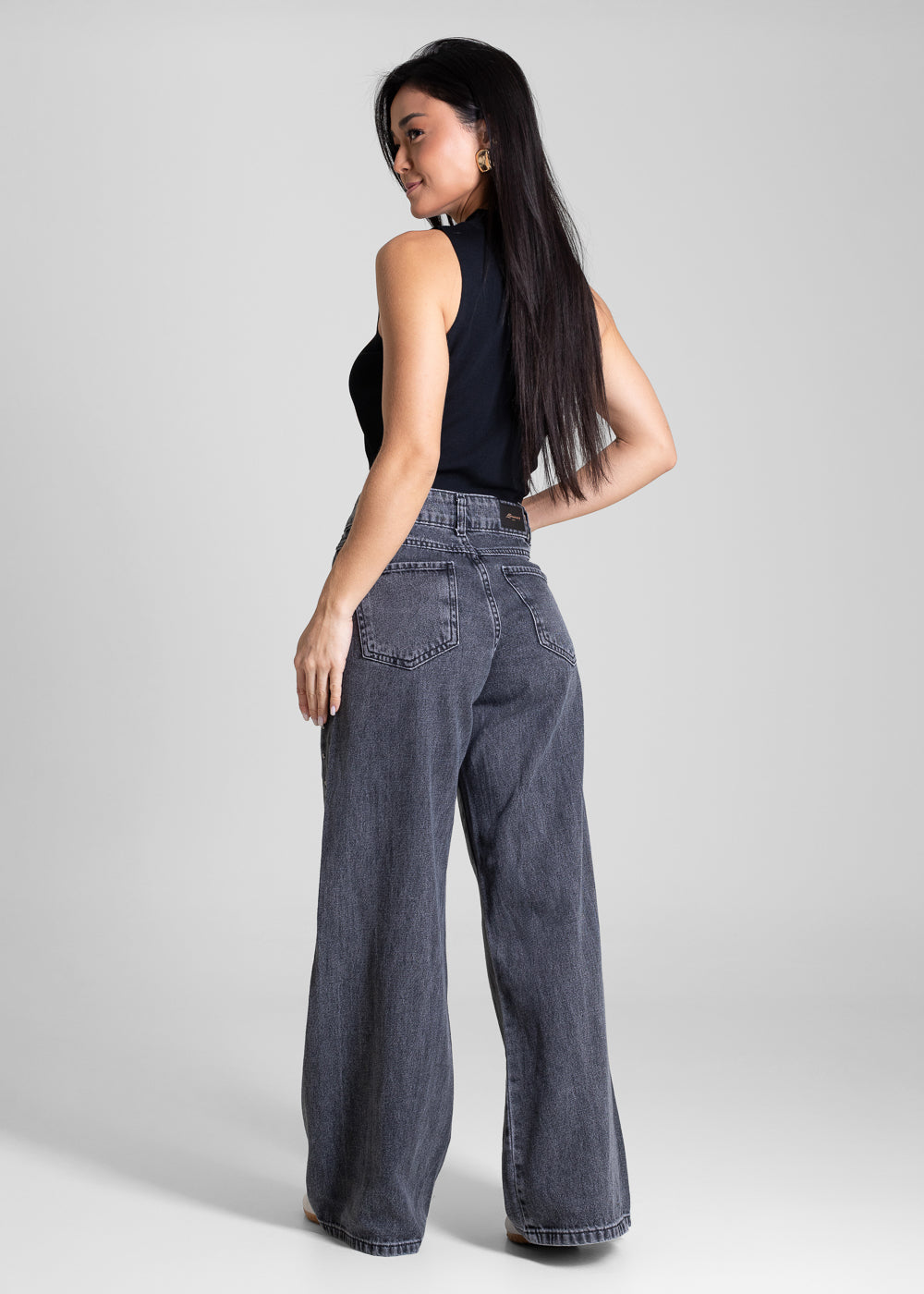 Calça Jeans Sawary Wide Leg Petit Strass - 283437 PRETO