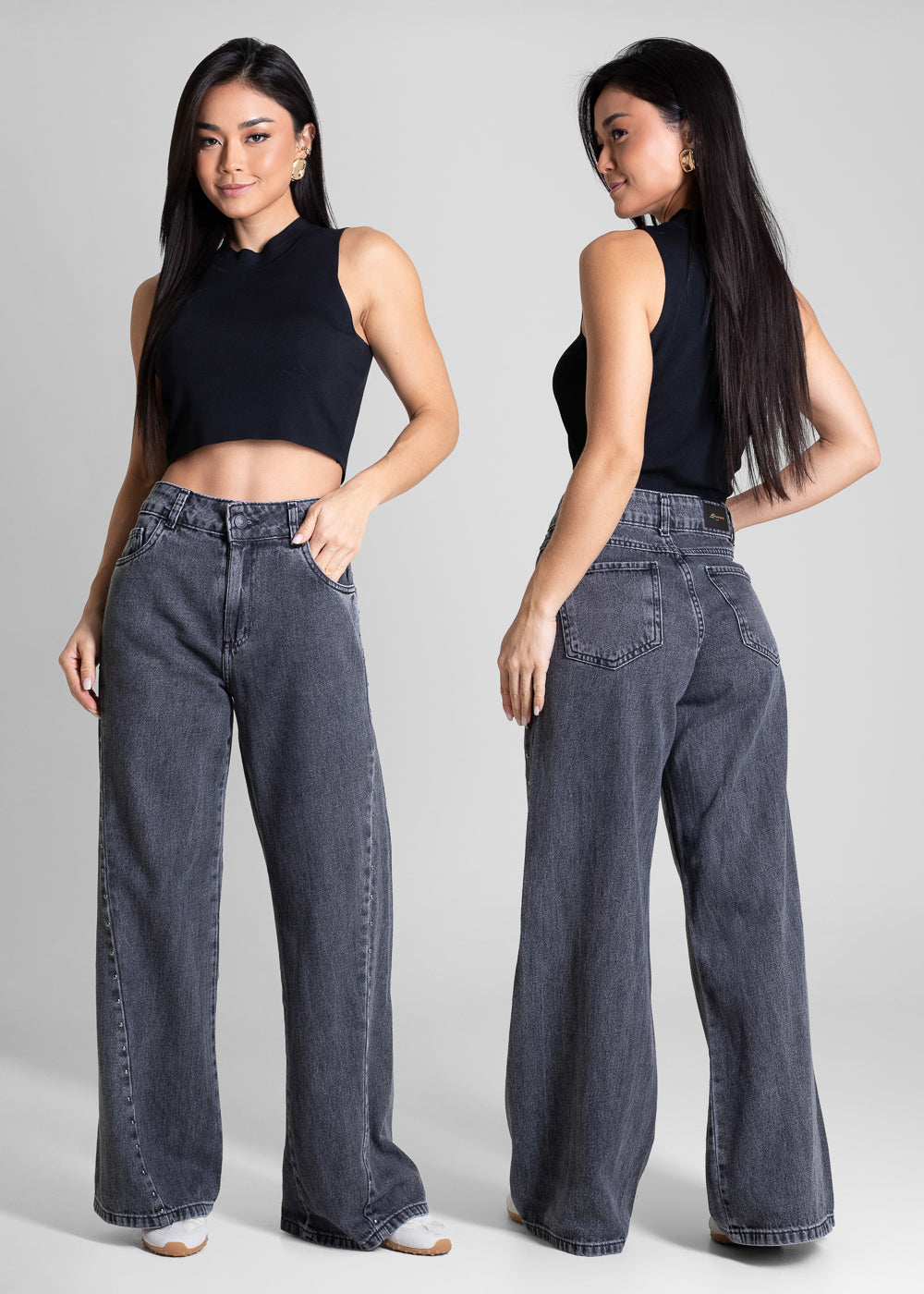 Calça Jeans Sawary Wide Leg Petit Strass - 283437 PRETO