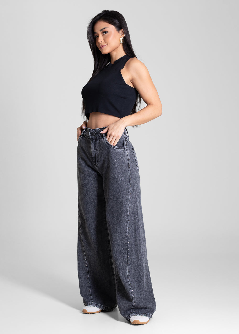 Calça Jeans Sawary Wide Leg Petit Strass - 283437 PRETO