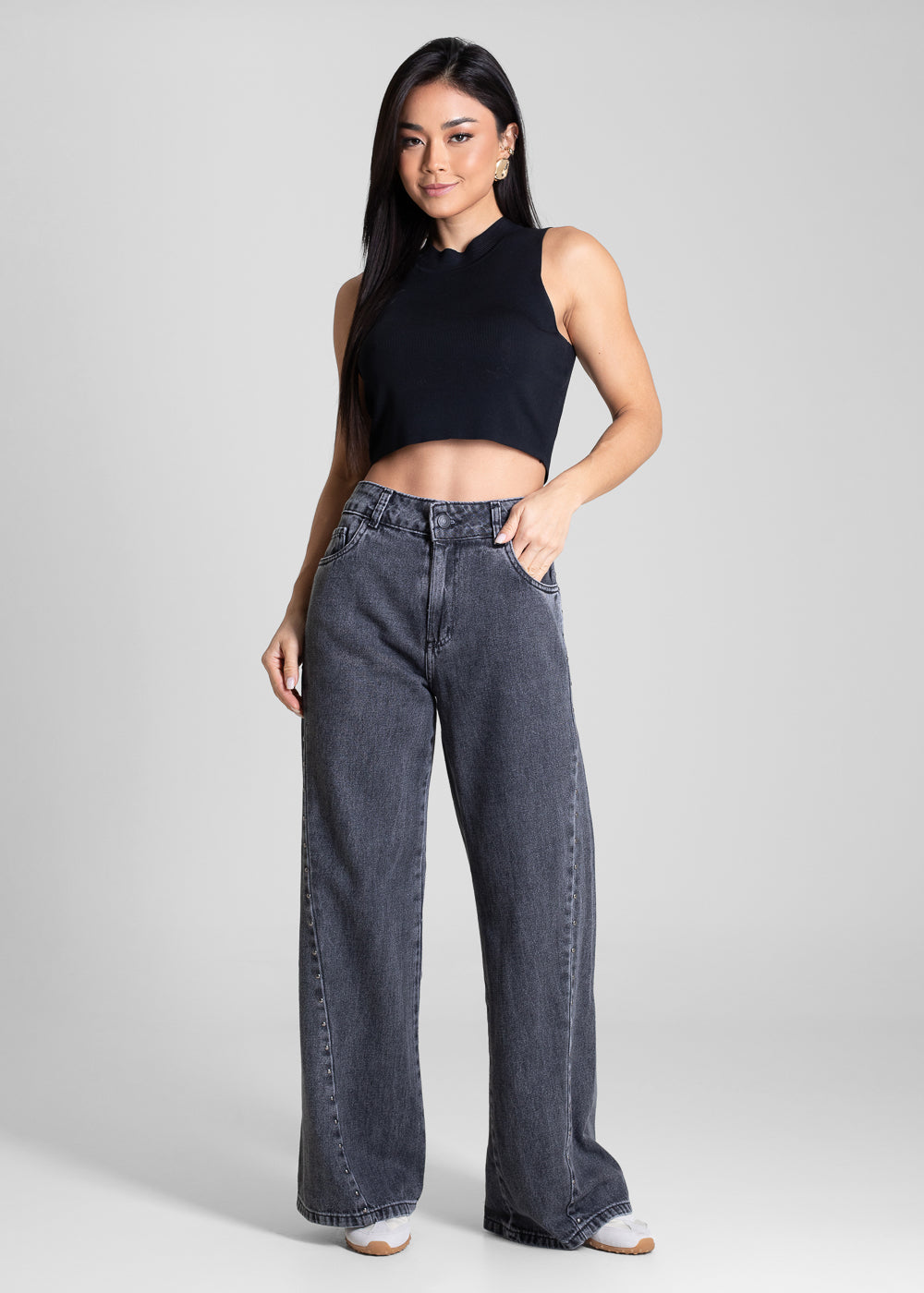 Calça Jeans Sawary Wide Leg Petit Strass - 283437 PRETO