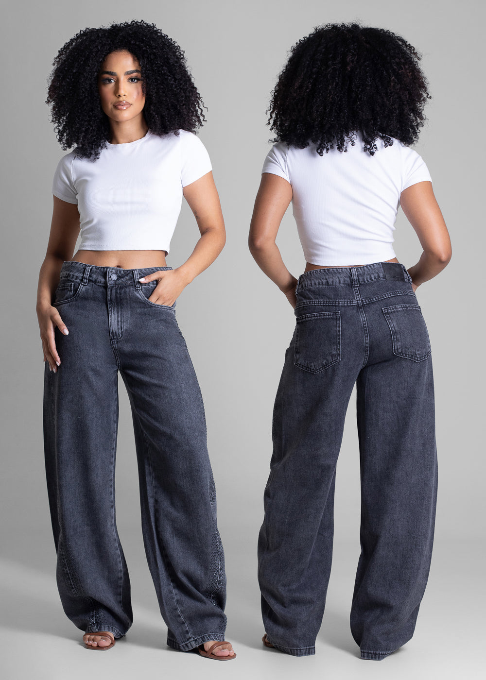 Calça Jeans Sawary Barrel Brilho - 283462 PRETO