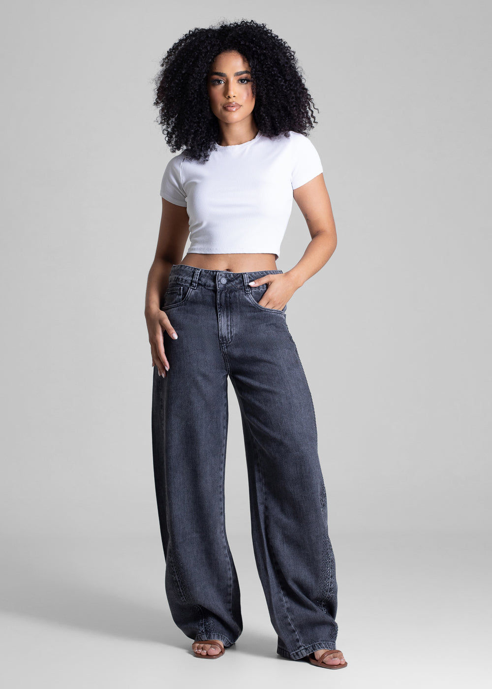Calça Jeans Sawary Barrel Brilho - 283462 PRETO